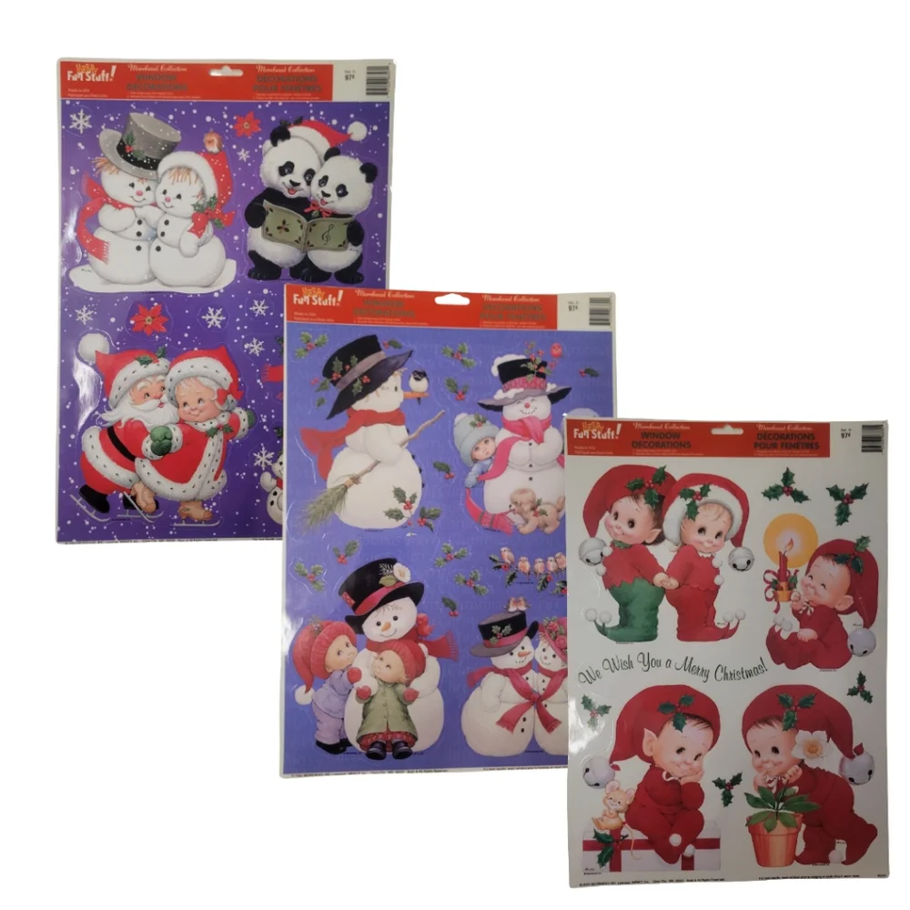 VTG Christmas Window Clings Lot of 3 Cute Baby Elves Santa Snowmen Holiday Decor